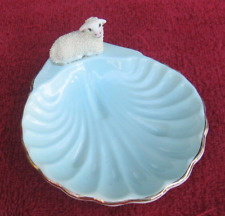 Vintage Blue Scalloped Shell Ceramic Nut Candy Dish Bowl Lamb Figure Handle ~bh picture