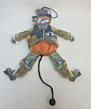 Vintage Halloween Pumpkin Wood Pull String Jumping Jack Scarecrow 2 sided 80's picture