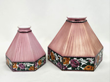 2 Antique Vtg PLEATED GLASS Lamp Shades Victorian 20s 30 40 50s Pink Floral Rose picture