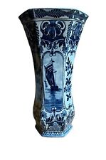 Antique Delft Faience Pottery Vase 9” Ship And Windmill 6 Panel Floral Blue picture
