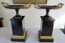 Pair Antique 19c Grand Tour French Bronze Marble Garnitures Mantel Urns Tazzas picture