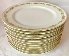 11 GORGEOUS 1907 T&V LIMOGES 9.5in LUNCH PLATES, SWAGS, PINK ROSES, GREEN LEAVES picture