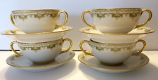 Set 4 Cups Saucers JPL France Double Handle Jean Pouyat Limoges Verge Green Gold picture