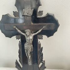 11” Antique French Cross Crucifix Wood Solid Black Forest Germany Wall Christ picture