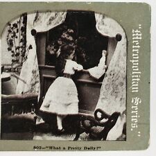 Little Girl Admiring Doll Stereoview c1915 Sears Child Bedroom Toy Antique H1160 picture