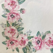 TWO Individual Decoupage Paper Lunch Napkin Pink Flowers on White  picture