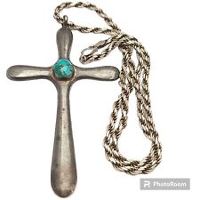 52gr HAND TOOLED LARGER VINTAGE NAVAJO TURQUOISE STERLING SILVER CROSS NECKLACE picture