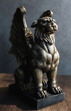 Ebros Lion Gargoyle with Griffin Wings Crouching On Pedestal Statue 6.5