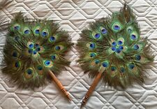 Peacock Fan With Wooden Handle 2 Pieces Vintage 1980s picture