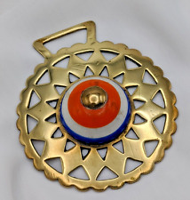 Brass Horse Medallion Antique Porcelain Pot White Orange Blue Stripe Harness picture