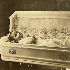 Antique Cabinet Card Photograph Post Mortem Child Open Coffin Floral Design Odd picture