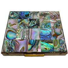 Vintage Paua Shell Abalone Brass Powder Mirror Compact picture
