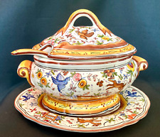 4 Pc GORGEOUS HAND-PAINTED HOLU SOUP TUREEN Portuguese Ceramics Portugal Animals picture