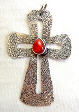 Navajo STERLING Cross Pendant * Red Spiny Oyster* Hammered Textured *TAWNEY CRUZ picture
