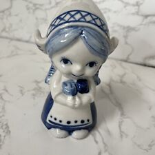 Delft Blue Coin Bank Adorable Dutch Girl Hand painted Floral Blue White Dress  picture