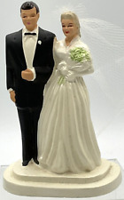 Vintage Mid-20th Century Chalkware Wedding Cake Topper Bride Groom Veil Tux picture