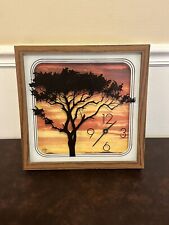Vintage Elgin Shadow Box Framed Sunset Tree Wall Clock  Glass Painted Clock 70s picture