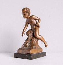 Antique Bronze Boy Figurine with Marble Base Early 20th Century Sculpture picture