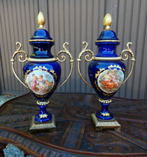 Pair Cobalt blue porcelain Vases urns Romantic putti decor picture