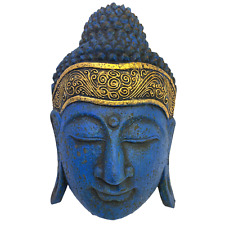 Blue Buddha Mask Balinese Wood Carving Handcrafted Wall Decor Bali Folk Art  picture