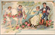 c1900s French EASTER Embossed Postcard Couple Meets their Angel Twins / Eggs picture