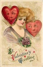 Winsch Schmucker Valentine Art Postcard, Beautiful Girl & Anthropomorphic Hearts picture