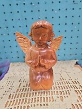 Vintage Wood Hand Carved Child Angel Kneeling Praying Figurine, Removable Wings picture