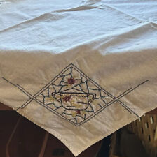 Vintage Linen Table Cloth embroidered teapot tea cup square Farm House 31x33 picture