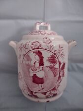 Child's Red Transferware Biscuit Jar Little May With Apron Staffordshire England picture