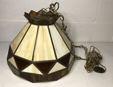 VINTAGE MID CENTURY RETRO BROWN STAINED GLASS SHADE HANGING LIGHT SWAG FIXTURE picture