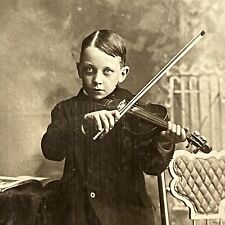 Antique Cabinet Card Photograph Spooky Little Boy Playing Violin New York NY picture