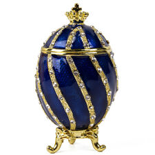 Blue Faberge Egg Replica w/Golden Crown Trinket Box, Easter Gift, 7.5 cm picture