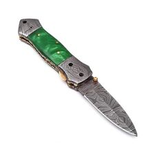8; Inches Blade Custome Handmade Damascus Green  Pocket Knives  With Sheath picture