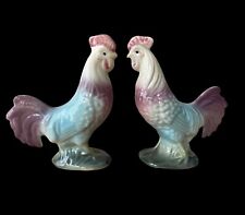 Rooster Figurines Pastel Pink Blue Purple Majolica Glaze Ceramic Vintage 2 picture
