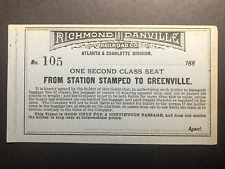 1880's Richmond and Danville Railroad to Greenville Unused Ticket #105 Scarce picture