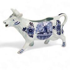 Vintage DBL Delft Holland Windmill Hand Painted Ceramic White Blue Cow Creamer picture