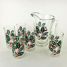 Christmas Holly Berry Pitcher and 5 Glasses Set Luxus Crisa Glass Mexico Vintage picture
