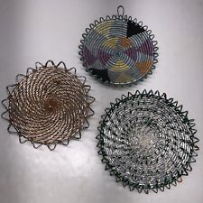 3 Vintage Handmade Coil Woven Basket Bowl Boho Decor Colorful Silver Mid-East? picture