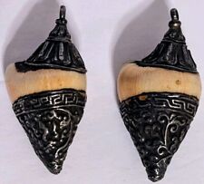 TWO Very Old Tibetan Temple Silver Dipped Conch Shell Pendants Hand Carved picture