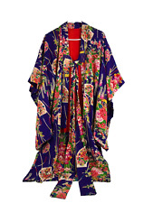 Japanese Kimono Silk Kid's Child's Vtg 1930s Purple Fans Floral Basting Stitches picture