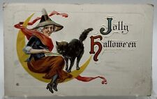 Antique 1914 Jolly Halloween Postcard Brundage Witch Black Cat on Crescent Moon picture
