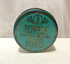 VINTAGE MID CENTURY BOWER'S OLD FASHIONED CREAM MINTS ROUND METAL CANDY TIN BOX picture