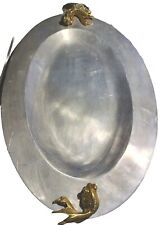 Antique Aluminum Oval  Tray/ Platter With 2 BrassFish Sculpture Mexico 19