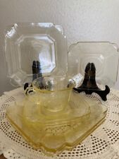 9 Piece Set Indiana Glass Yellow Lorain Basket & Scroll Plates Teacup 1929-32 picture
