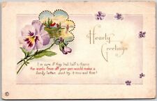1924 Hearty Greetings Violet Flowers Wishes & Greetings Posted Postcard picture