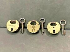 OLD ANTIQUE HANDMADE UNIQUE 3 PC ROUND MOON SHAPE SMALL BRASS PADLOCKS WITH KEYS picture