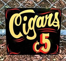 Vintage Hand Painted Lettered Tobacco Old 5 Cent Cigars Advertising Store Sign picture