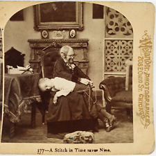 Old Woman Mending Pants Stereoview c1881 Sewing Child Stitch Time Save Nine E694 picture