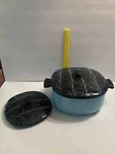 1950's Serendipity Turquoise Pot Enamelware Black Lid (2 Lids) Spaghetti Drizzle picture