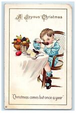 c1910's Joyous Christmas Boy Eating Pie Fruits Bowl Antique Embossed Postcard picture